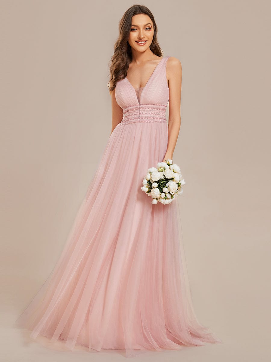 Sleeveless Deep V Low Back Long Wedding Dress #color_Pink