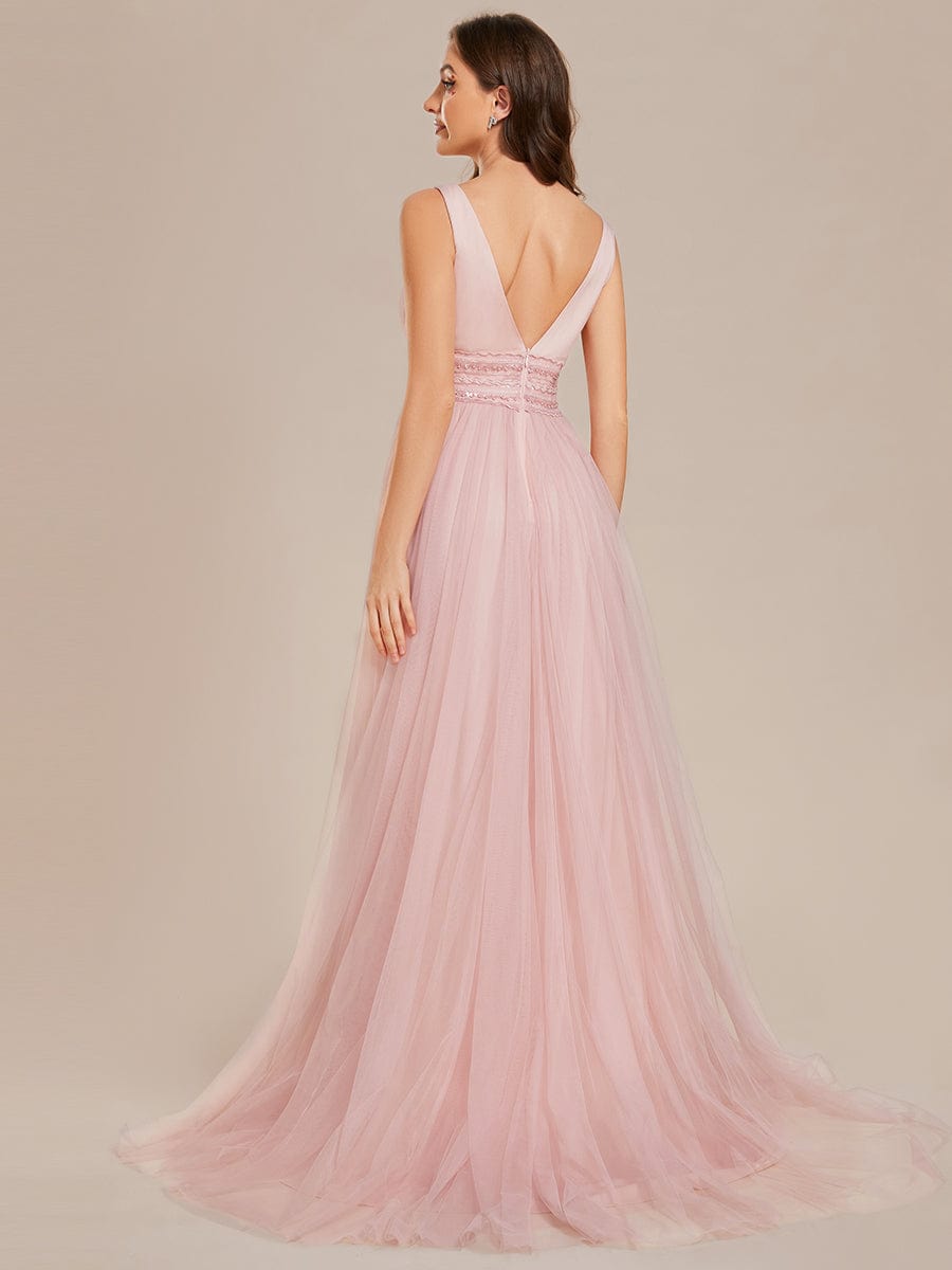 Sleeveless Deep V Low Back Long Wedding Dress #color_Pink
