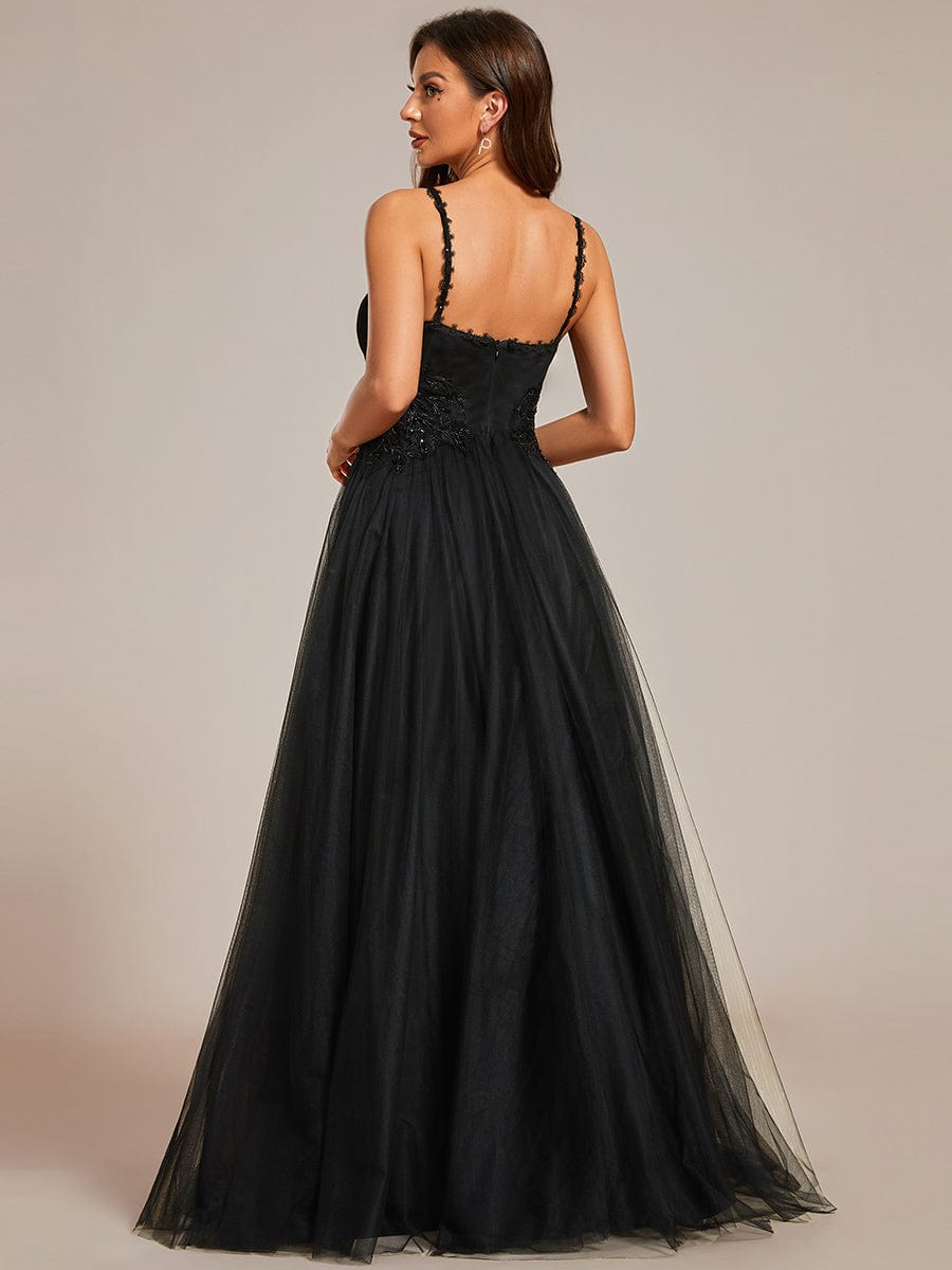 Spaghetti Strap Embroidered V-Neck A-Line Wedding Dress #color_Black