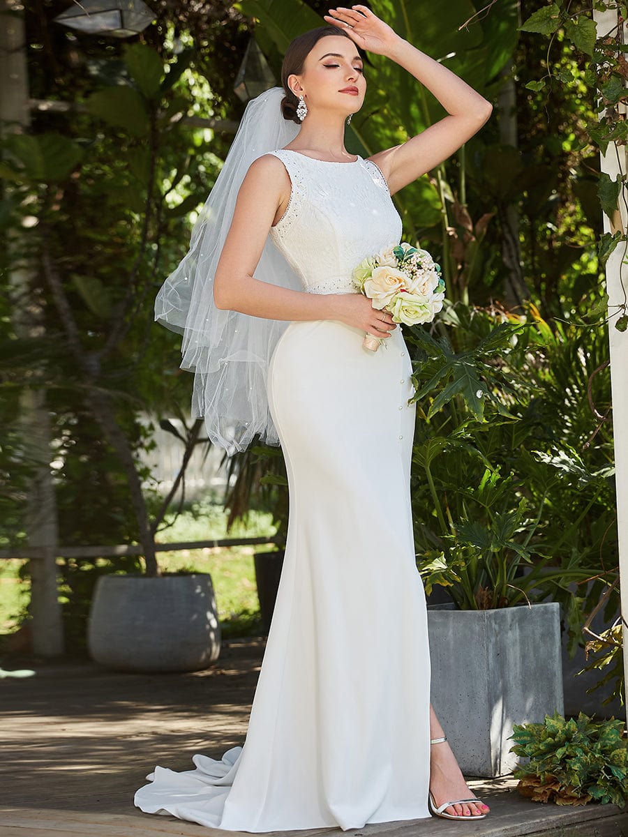 Sleeveless Floral Lace Round Neck Side Slit Fishtail Wedding Dress