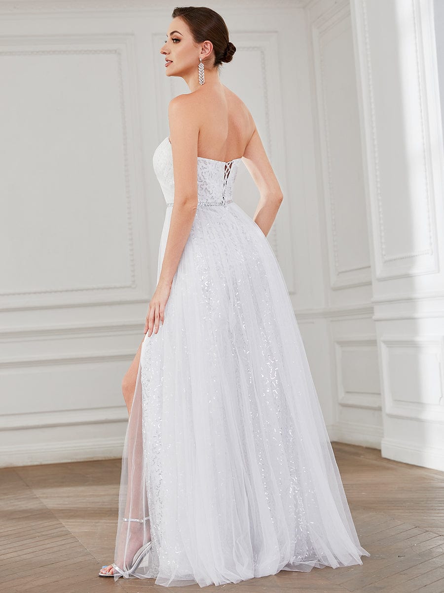 Lace Corset Back Sweetheart Sleeveless  Side Slit Wedding Dress #color_White