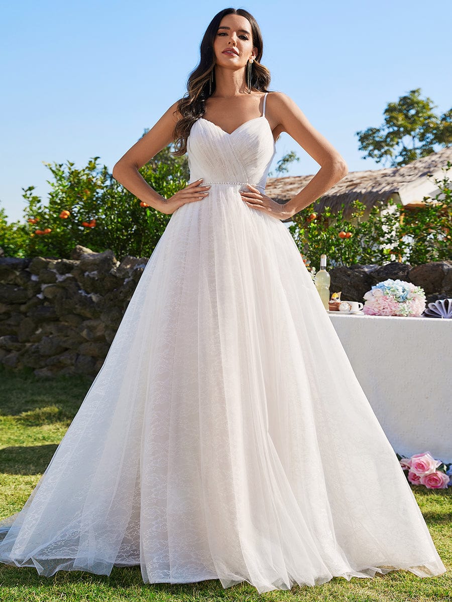 Custom Size V Neck Sleeveless A-Line Wedding Dress #color_Ivory