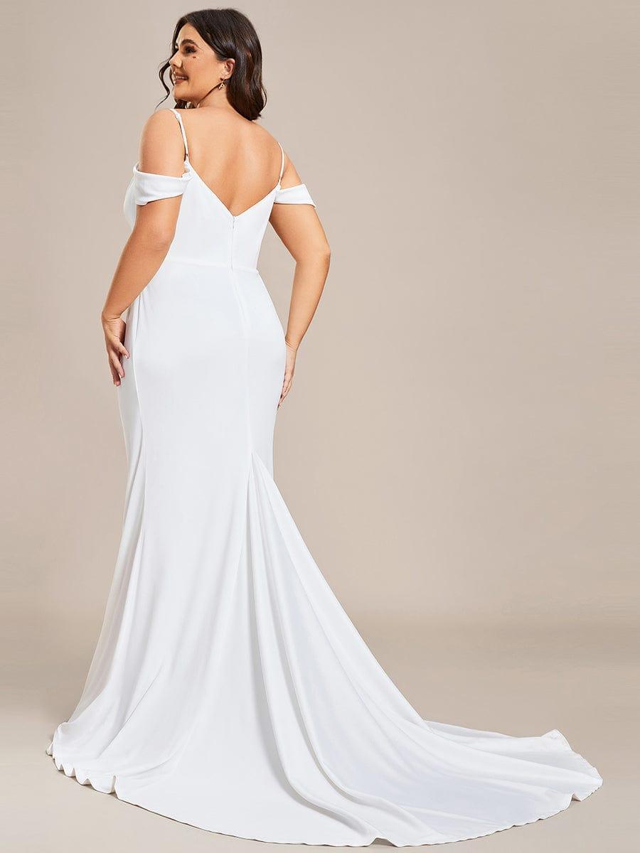 Plus Size Simple Off Shoulder Wedding Dress with Strap Fish Tail Hemline #color_White