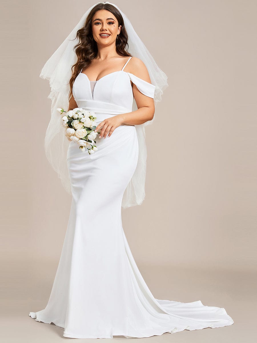 Plus Size Simple Off Shoulder Wedding Dress with Strap Fish Tail Hemline #color_White