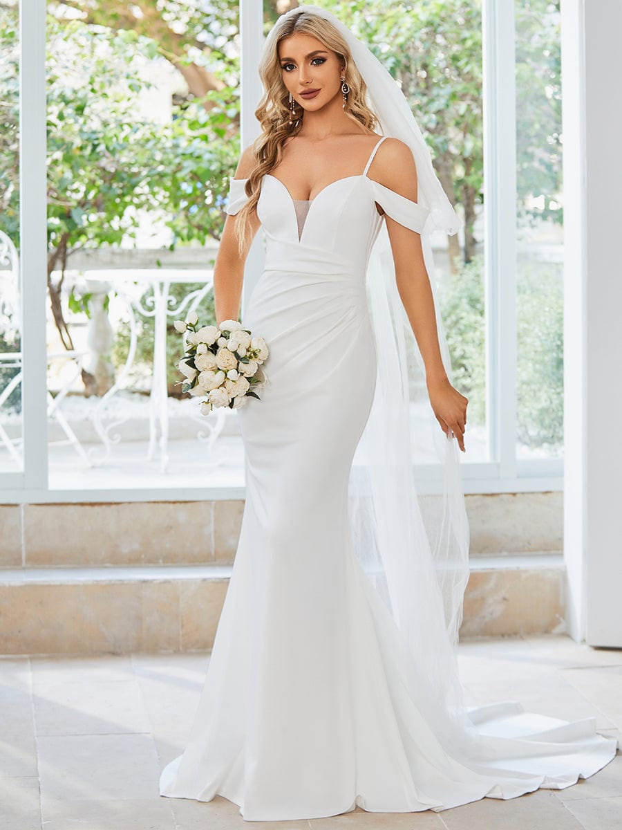 Simple Off Shoulder Wedding Dress with Strap Fish Tail Hemline #color_White