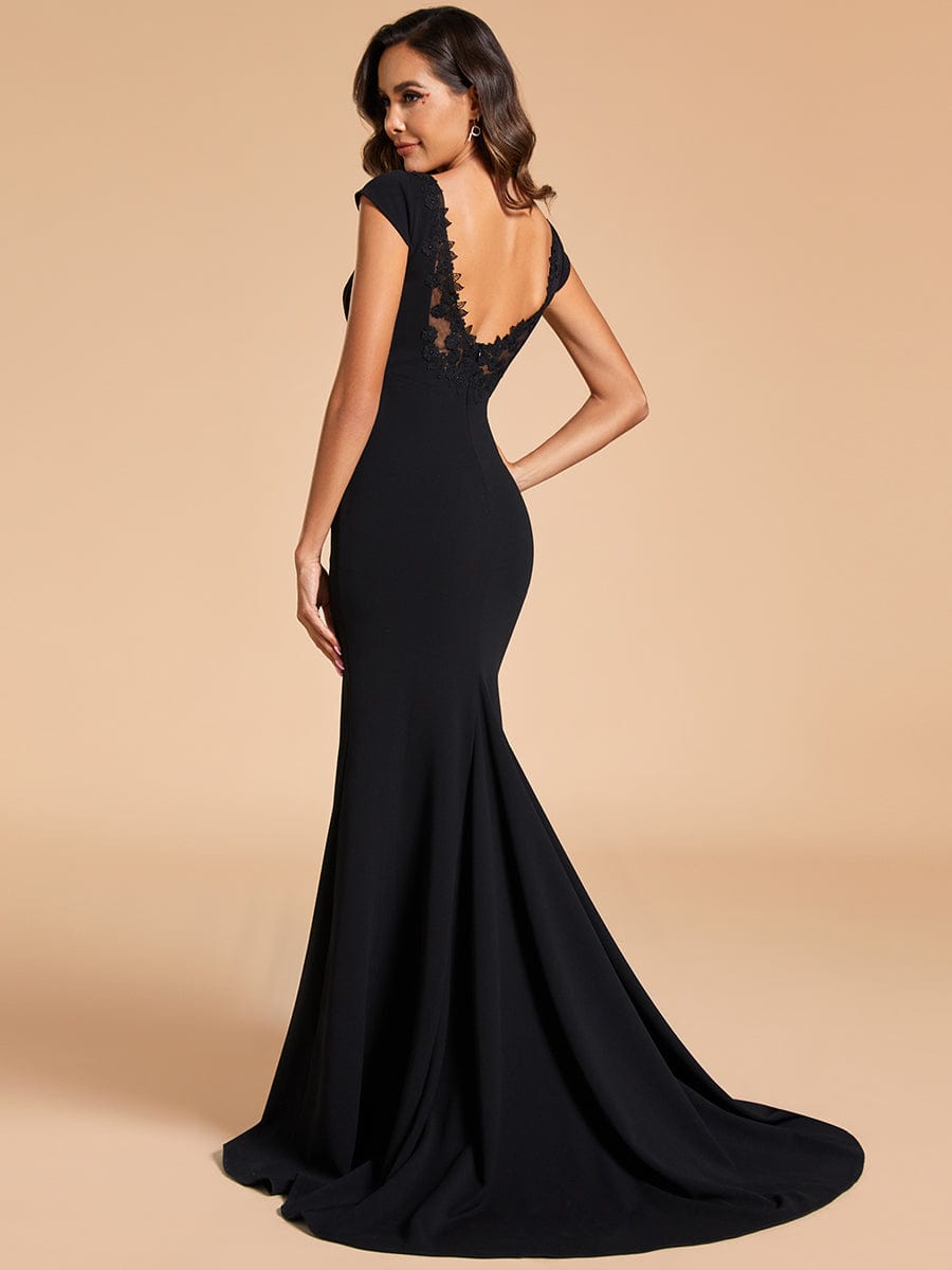 Cap Sleeve V-Neckline Lace Backless Wedding Dress #color_Black