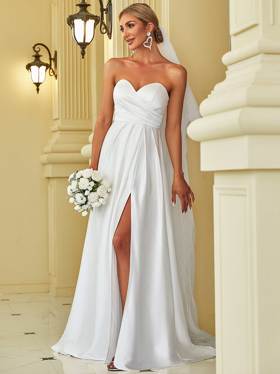 Satin Pleated Sweetheart Sleeveless A-line Front Slit Wedding Dress #color_White