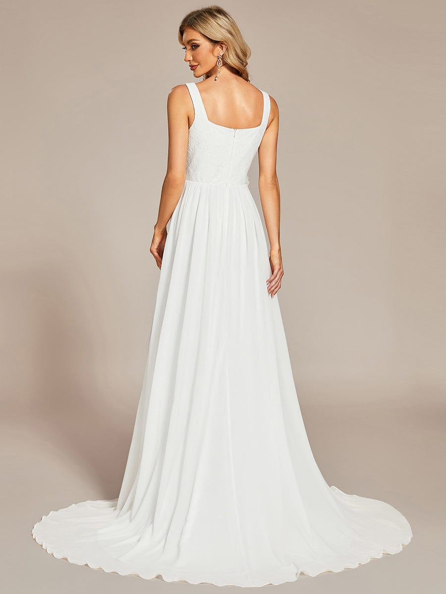 Minimalist Lace Applique Square Neckline Train Wedding Dress #color_White