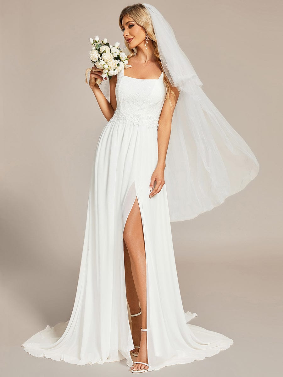 Minimalist Lace Applique Square Neckline Train Wedding Dress #color_White