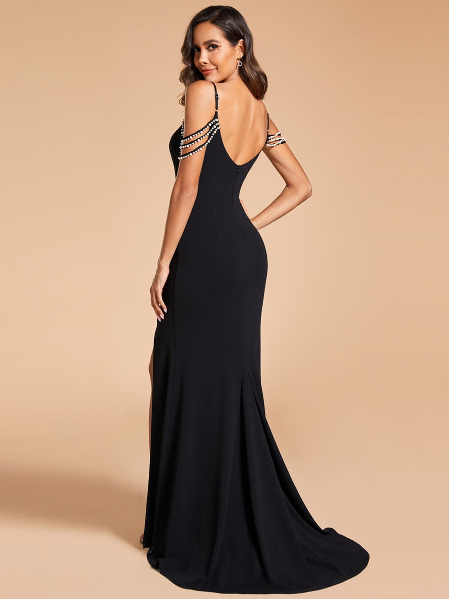 Simple Cold Shoulder Front Slit Pleated Mermaid Wedding Dress #color_Black