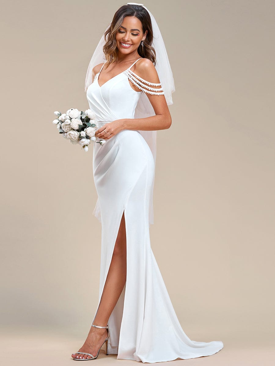 Simple Cold Shoulder Front Slit Pleated Mermaid Wedding Dress #color_White