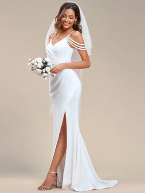 Simple Cold Shoulder Front Slit Pleated Mermaid Wedding Dress