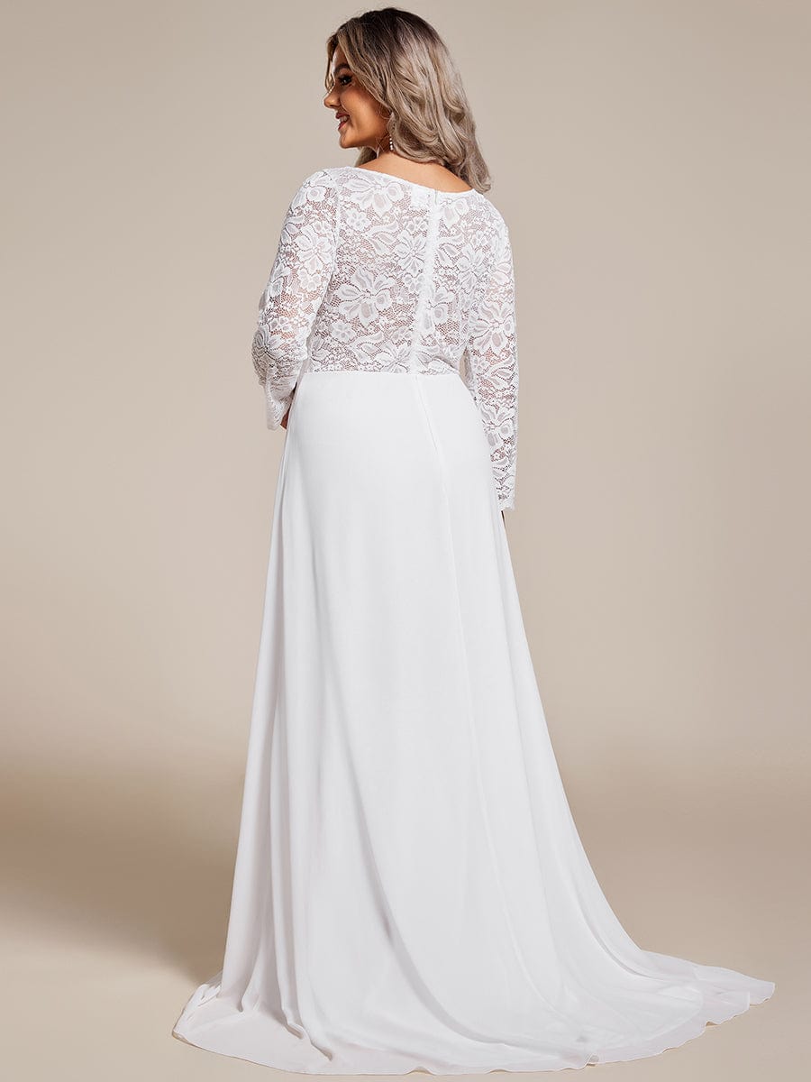 Plus Size Elegant Lace Chiffon Long Sleeves A-Line Wedding Dress #color_White