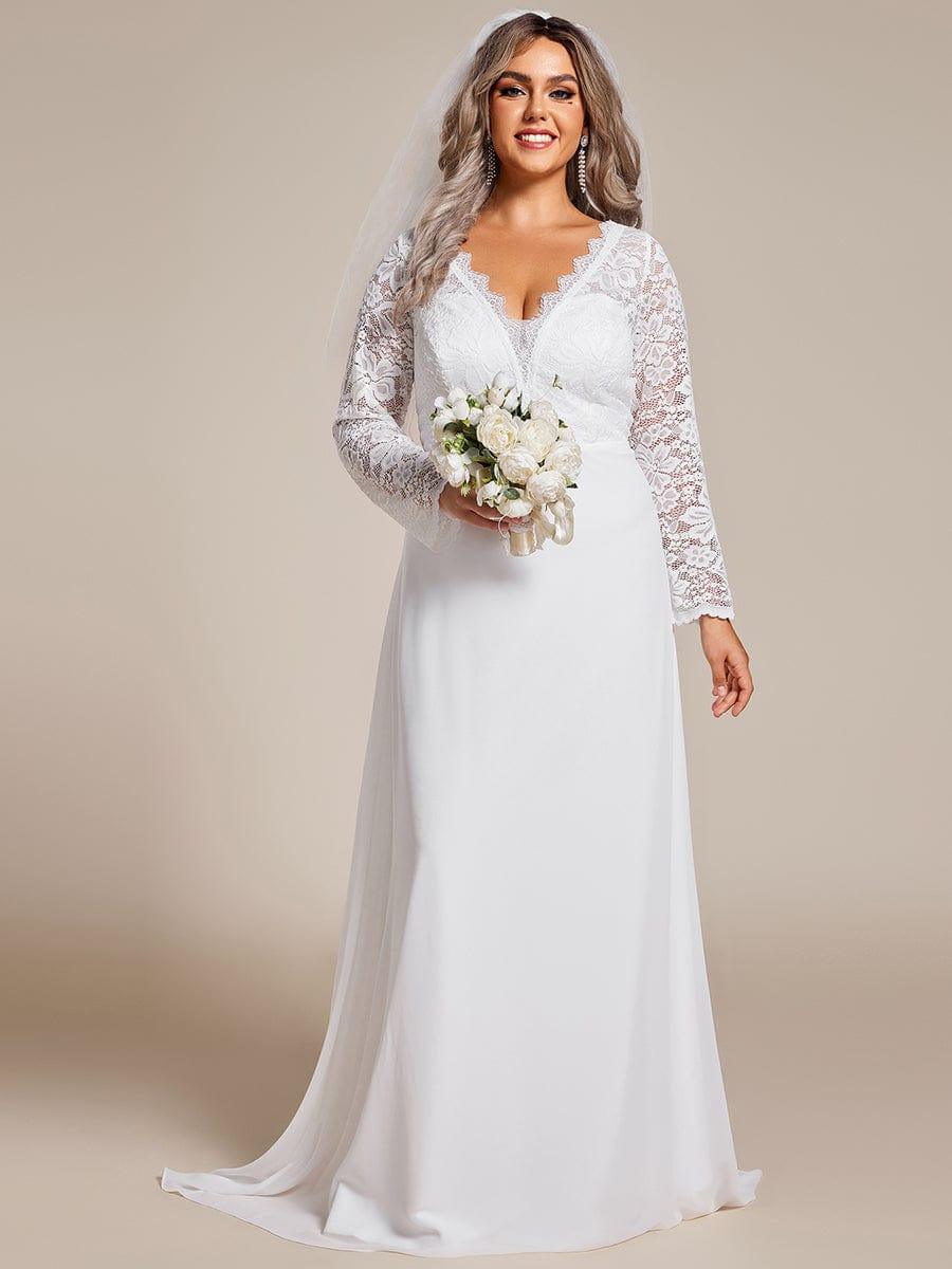 Plus Size Elegant Lace Chiffon Long Sleeves A-Line Wedding Dress #color_White