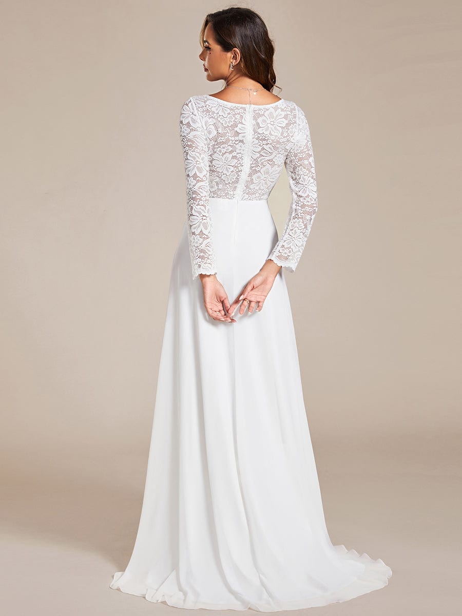 Elegant Lace Chiffon Long Sleeves A-Line Wedding Dress #color_White
