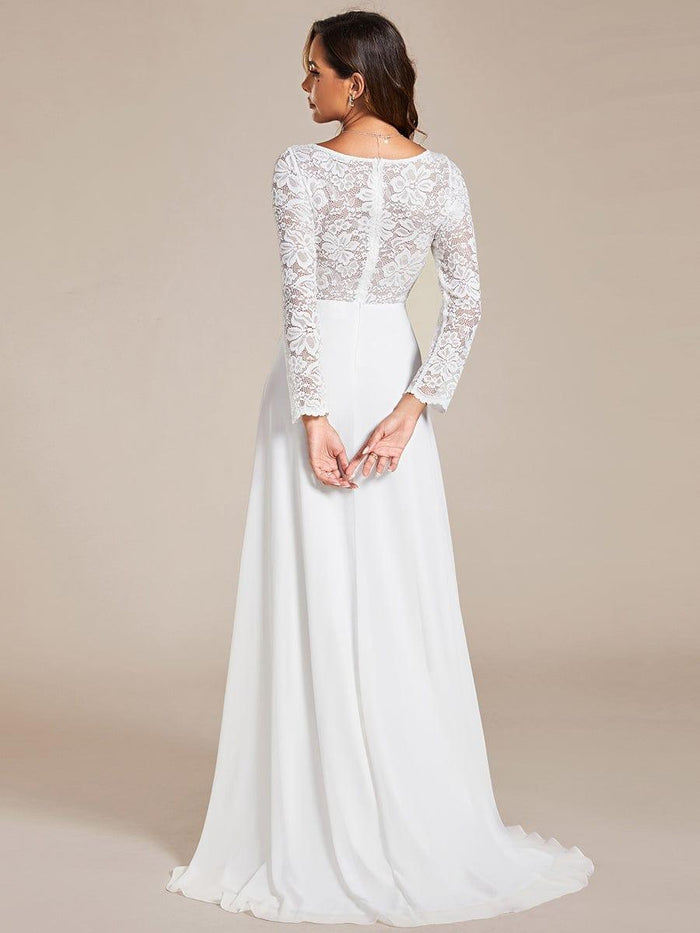 Elegant A-Line Chiffon Wedding Dress with Lace Sleeves