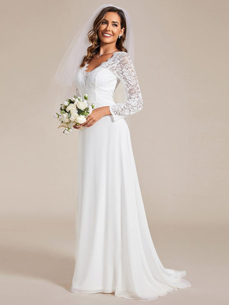 Elegant Wedding Dresses Lace V Neck Long Sleeves Lace A-Line Lace Chiffon Bridal Dresses main image 1