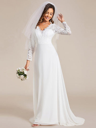 Elegant Lace Chiffon Long Sleeves A-Line Wedding Dress #color_White
