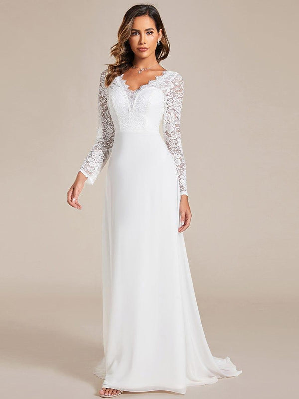 Elegant A-Line Chiffon Wedding Dress with Lace Sleeves