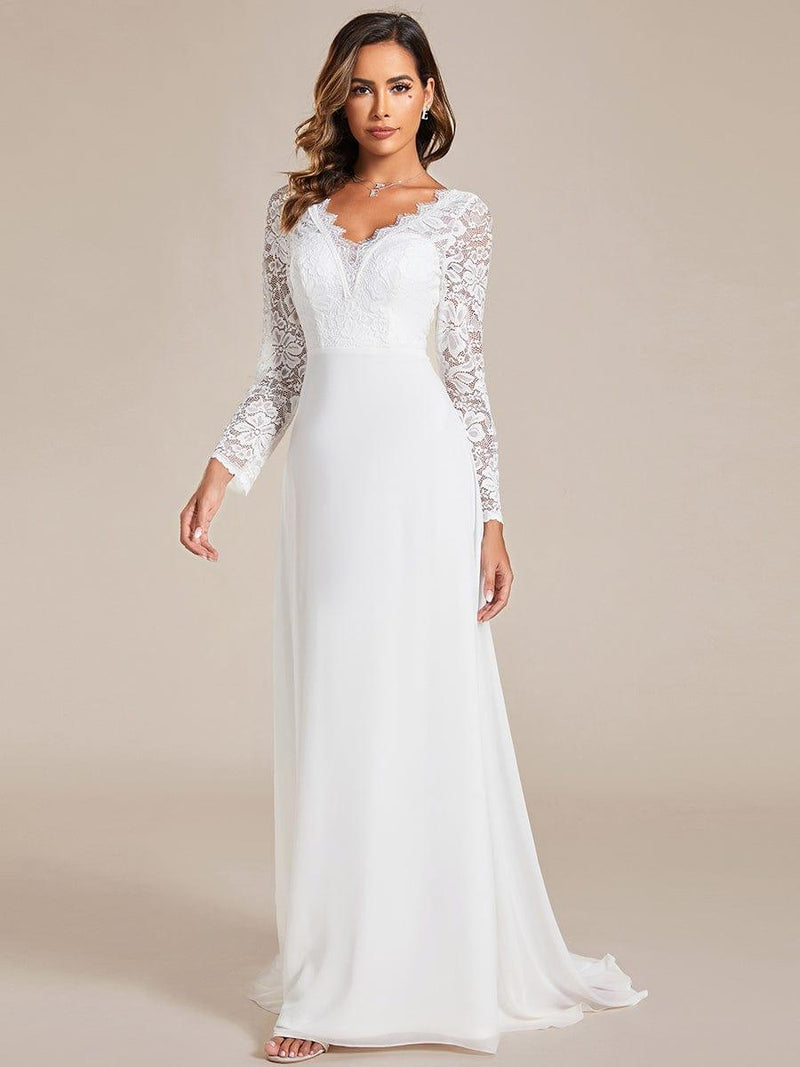 Elegant A-Line Chiffon Wedding Dress with Lace Sleeves