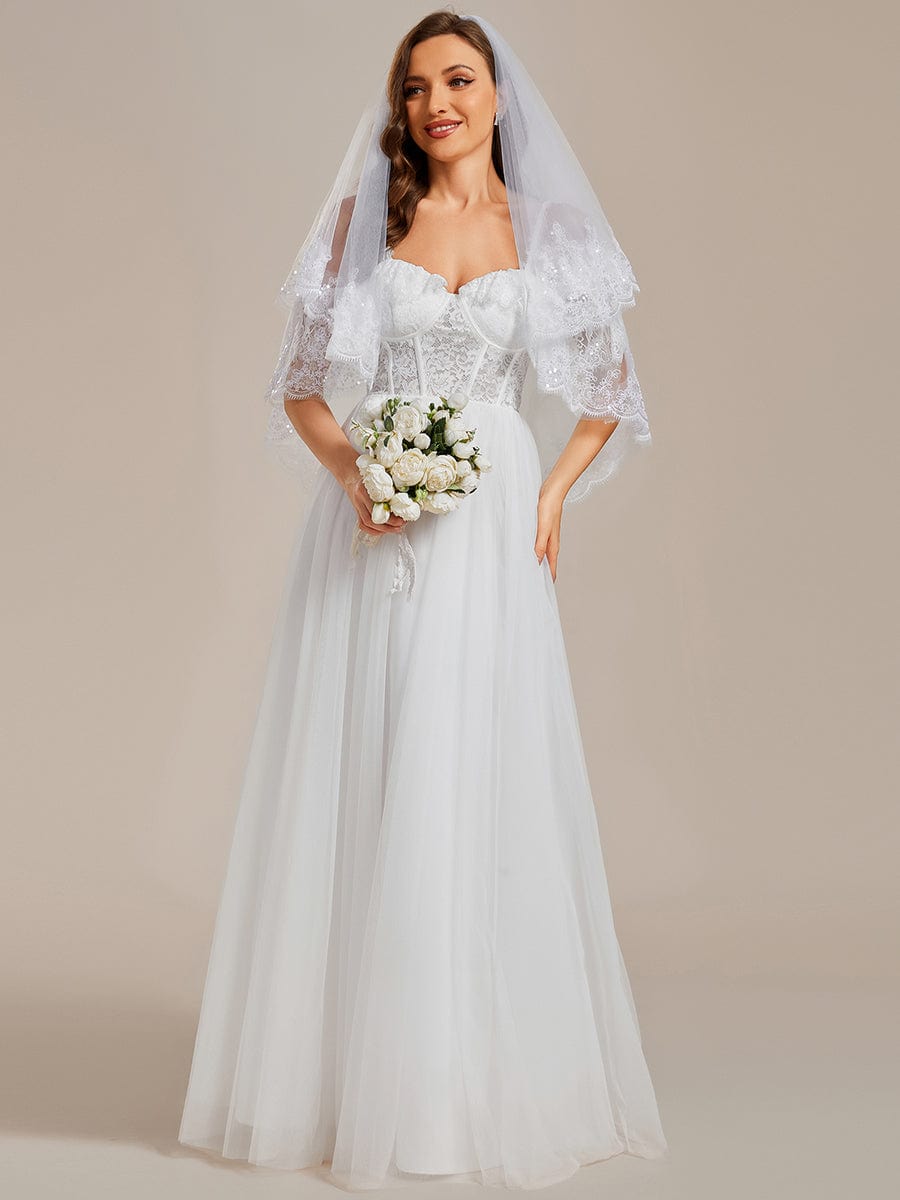 See-Through Lace Bodice Spaghetti Strap Cold Shoulder Tulle Wedding Dress