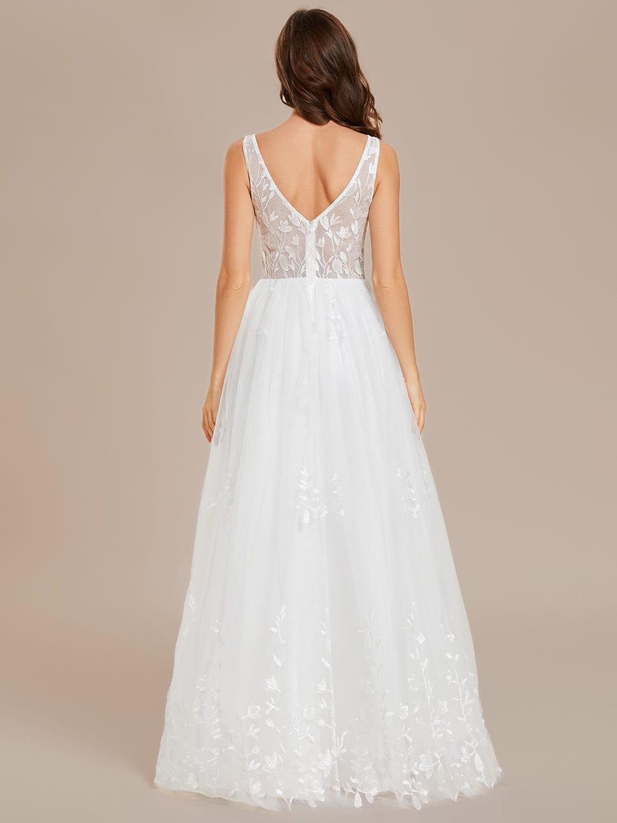 Sleeveless V-Neck A Line Embroidered Wedding Dress #color_White