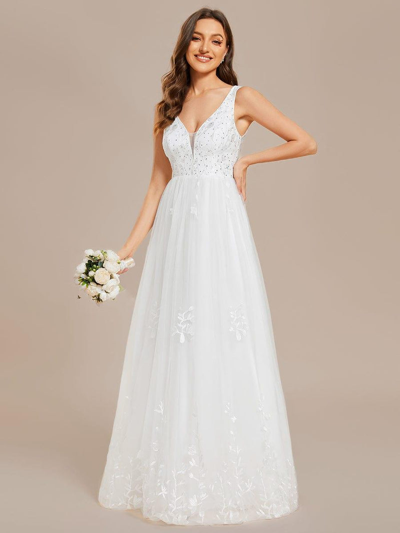 Sleeveless V-Neck A Line Wedding Dress with Embroidery