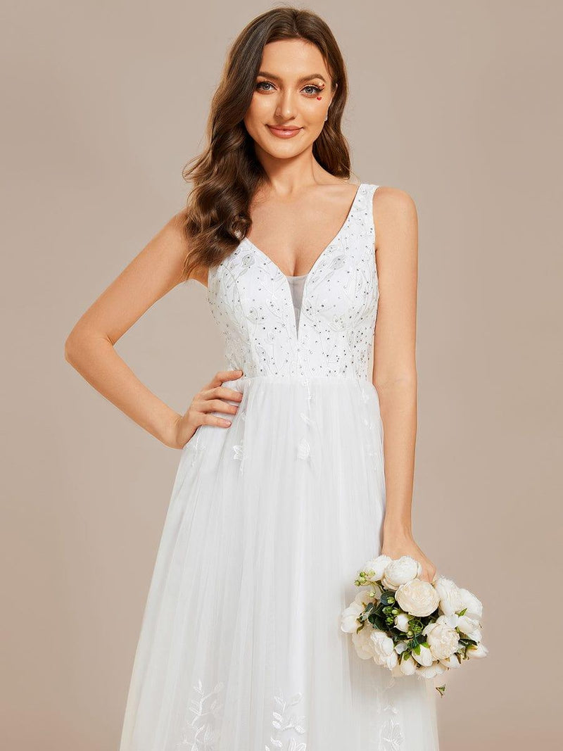 Sleeveless V-Neck A Line Wedding Dress with Embroidery