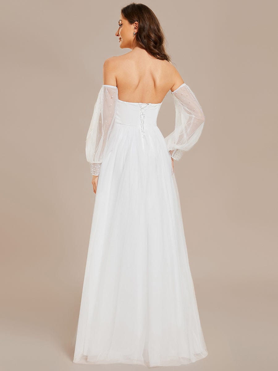 Pearl-Adorned Strapless Tulle Floor-Length Wedding Dress #Color_White