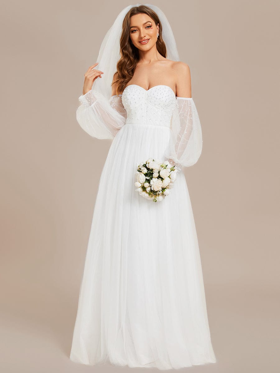 Pearl-Adorned Strapless Tulle Floor-Length Wedding Dress #Color_White