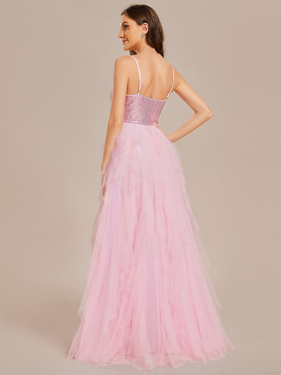 Sparkling V-Neck Spaghetti Straps Tulle Wedding Dress #color_Pink