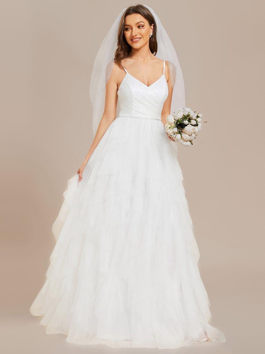 Sparkling V-Neck Spaghetti Straps Tulle Wedding Dress #color_White
