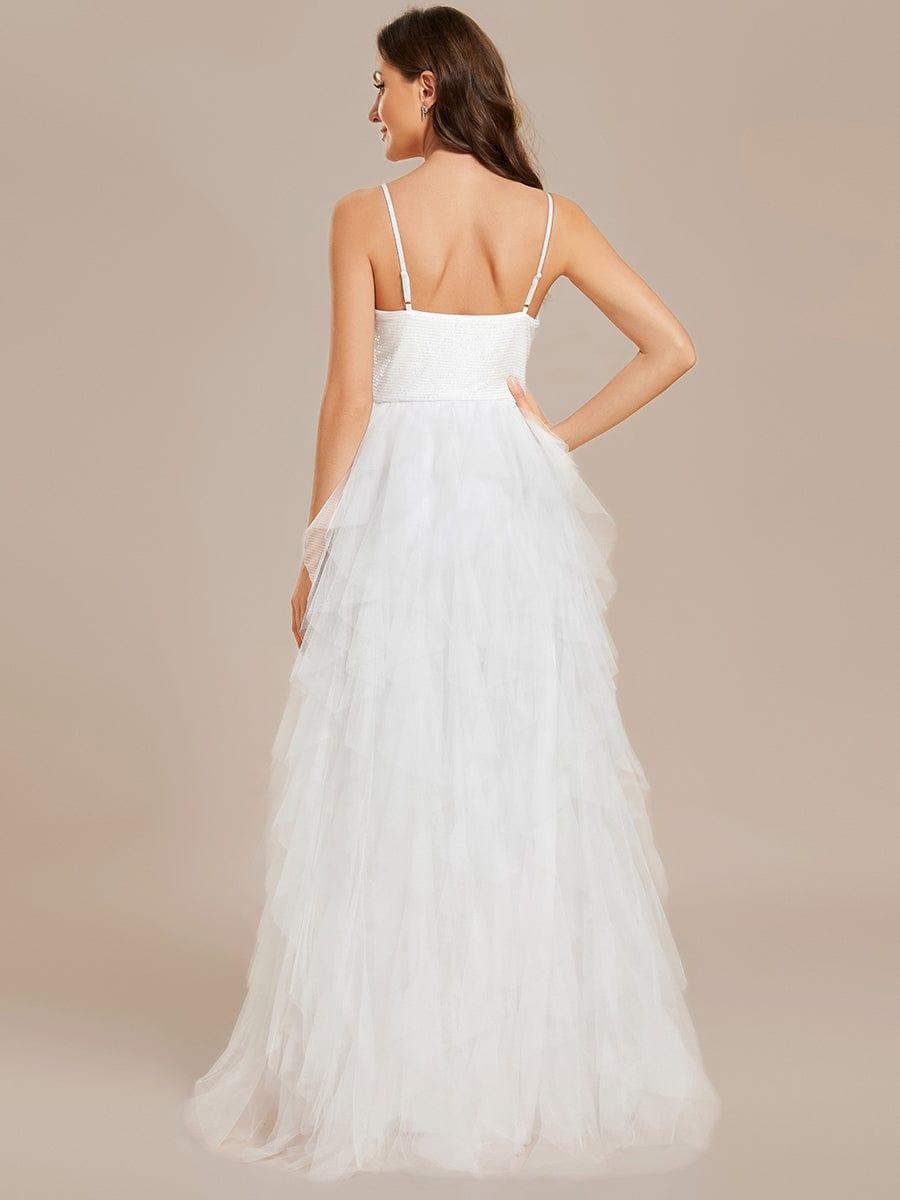 Sparkling V-Neck Spaghetti Straps Tulle Wedding Dress #color_White
