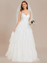 Sparkling V-Neck Spaghetti Straps Tulle Wedding Dress #color_White
