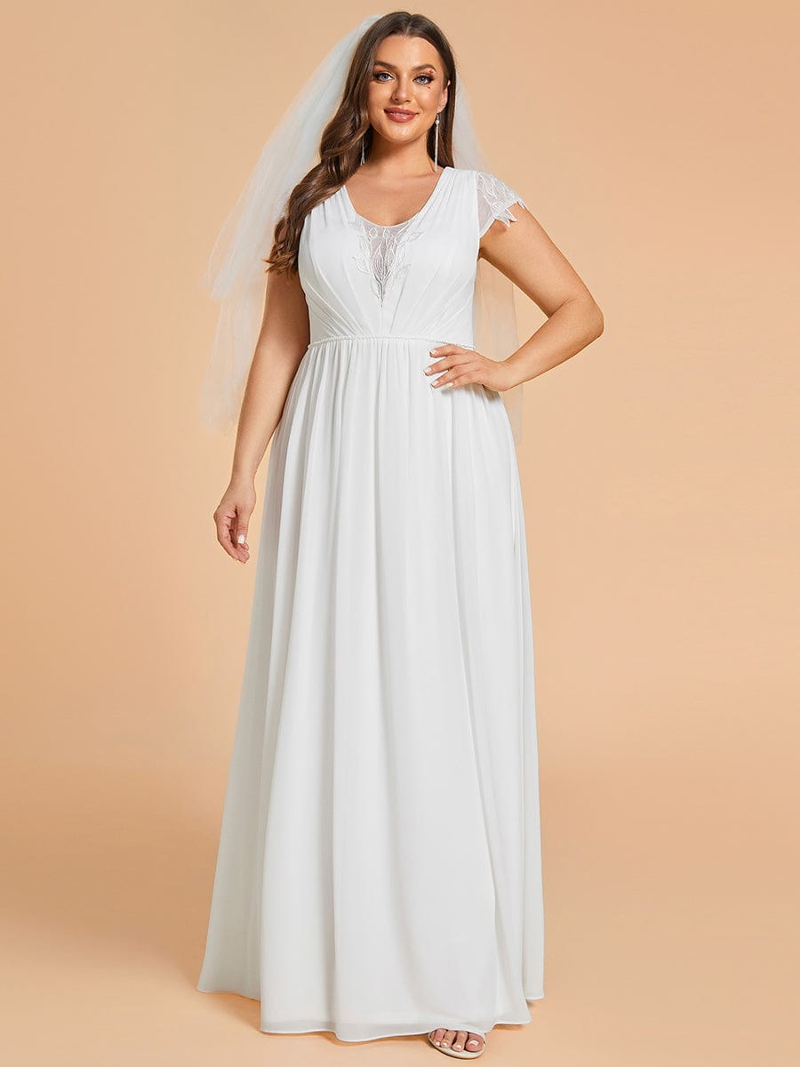 Plus-size V-Neck and Pleated Chiffon Wedding Dresses with Short Sleeves #color_White
