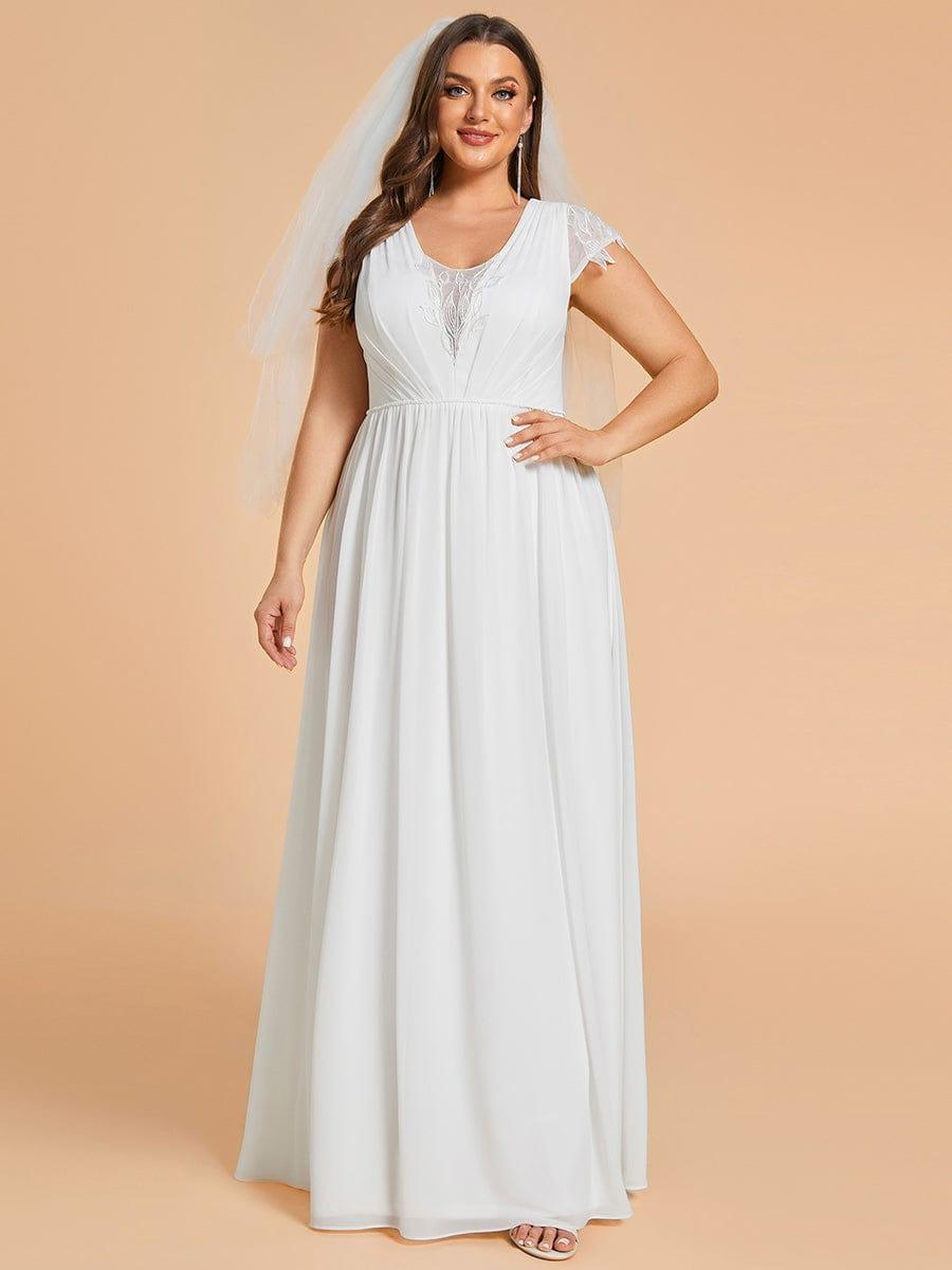 Plus V Neck Pleated Chiffon Wedding Dresses Short Sleeves