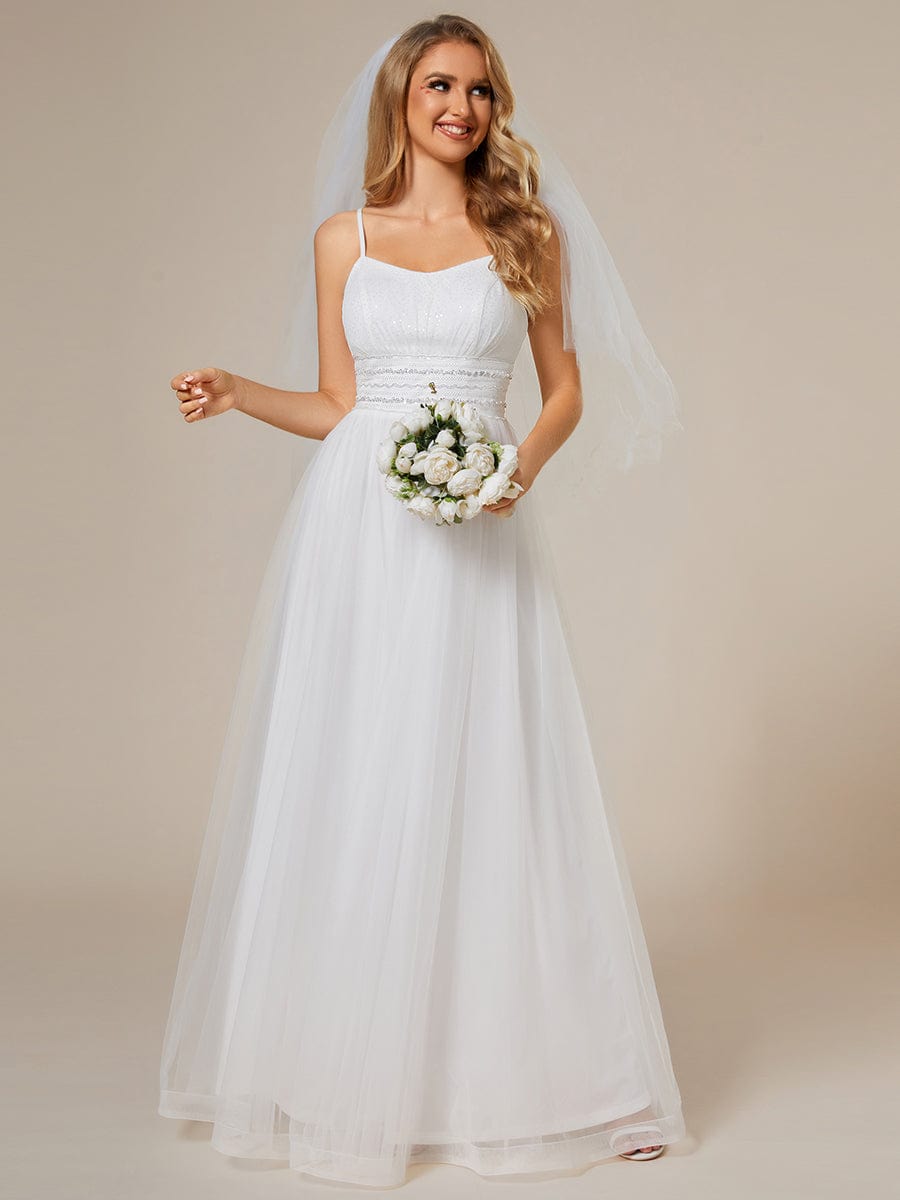 Classic Adjustable Spaghetti Strap Tulle Wedding Dress with Waist Paillette Chain