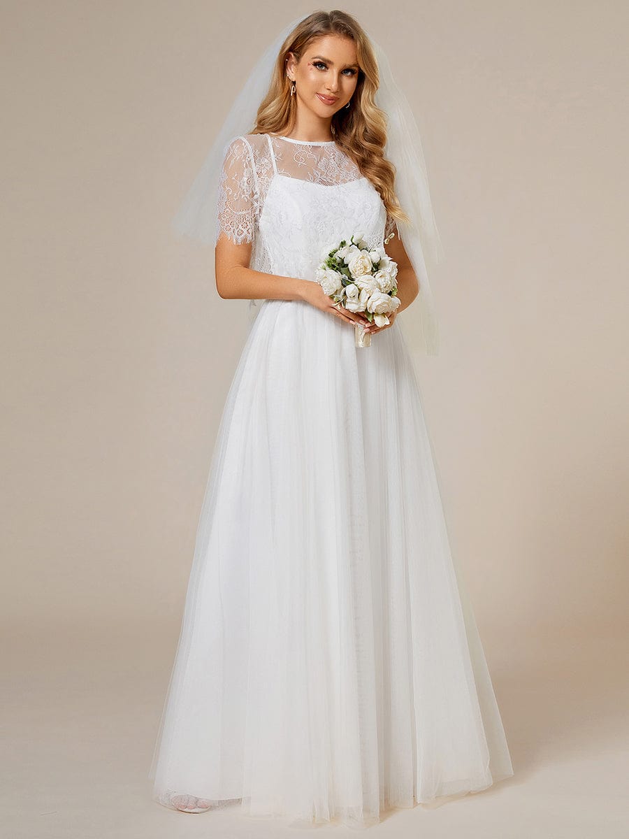 A-Line Spaghetti Strap Wedding Dress Paired with Lace Jacket #color_White