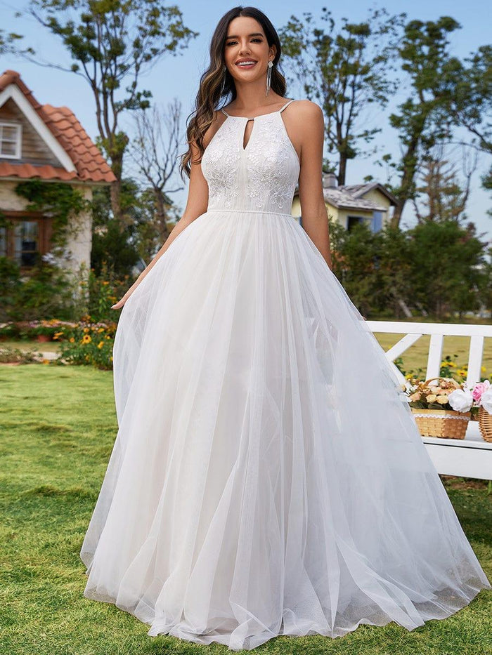 Halter Neck A-Line Tulle Wedding Dress featuring Applique - Ever-Pretty UK
