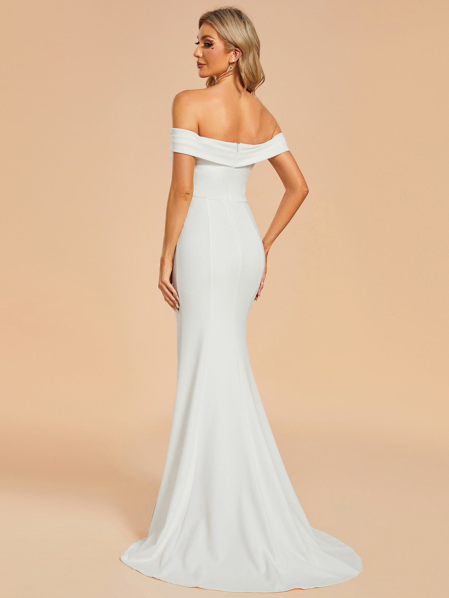 Off Shoulder Pleated Mermaid Wedding Dress with High Slit #color_White