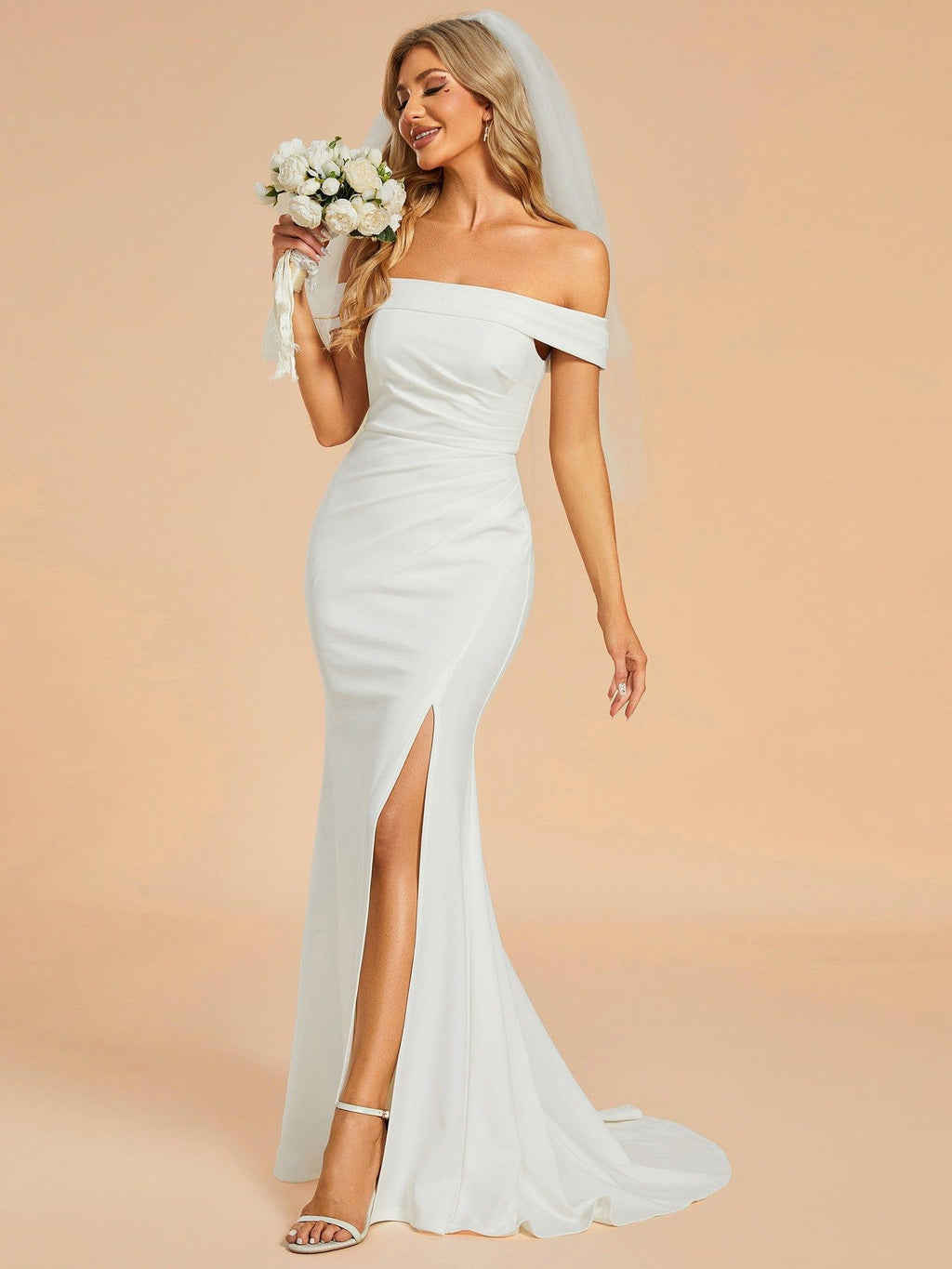 Off Shoulder Pleated Mermaid Wedding Dress High Slit