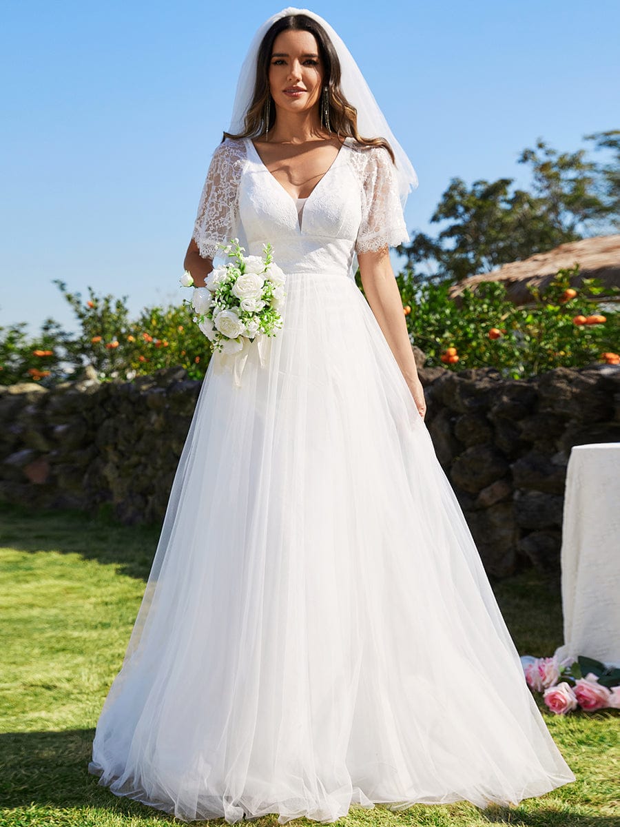 Custom Size V-Neck Lace Tulle Wedding Dresses with Ruffled  Sleeves #color_White