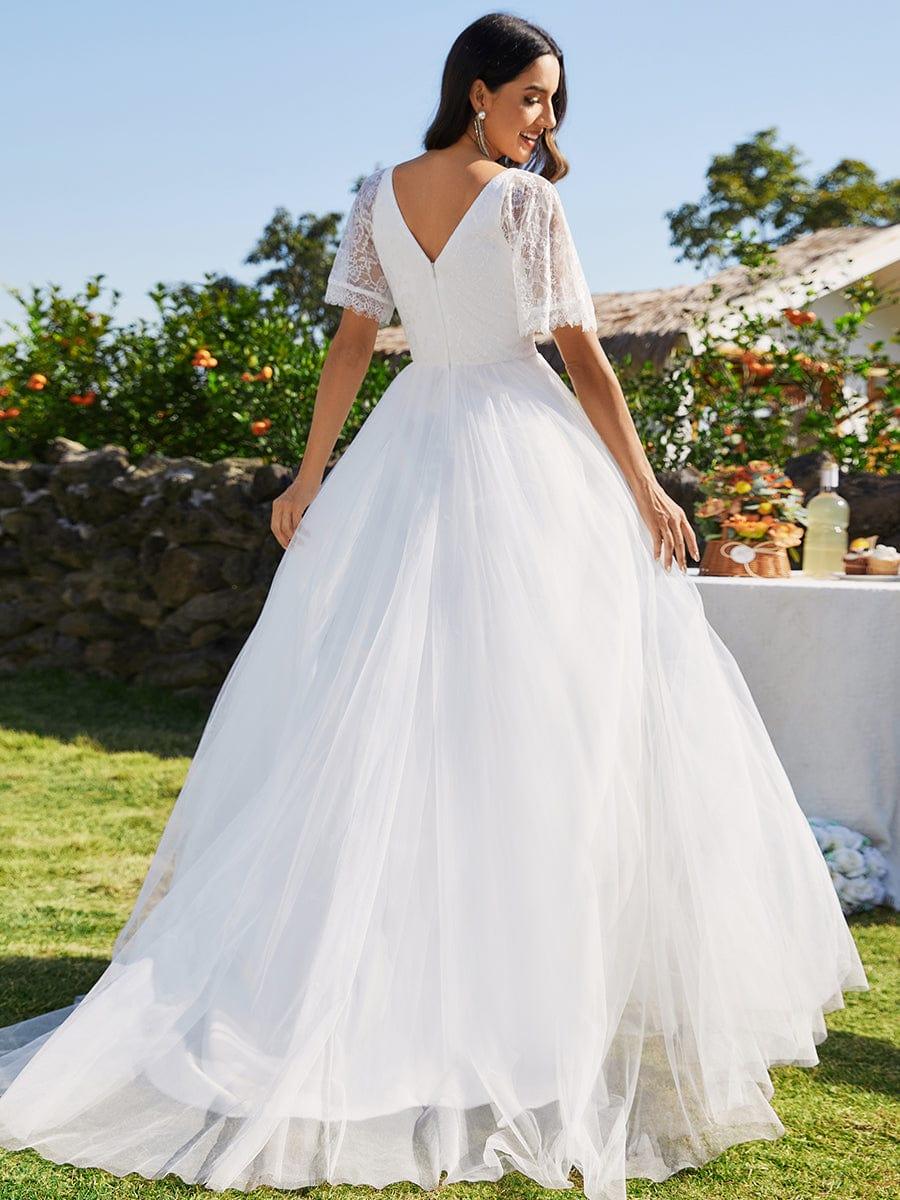 V-Neck Lace Tulle Wedding Dresses with Ruffled  Sleeves #color_White