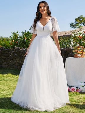 Custom Size V-Neck Lace Tulle Wedding Dresses with Ruffled Sleeves