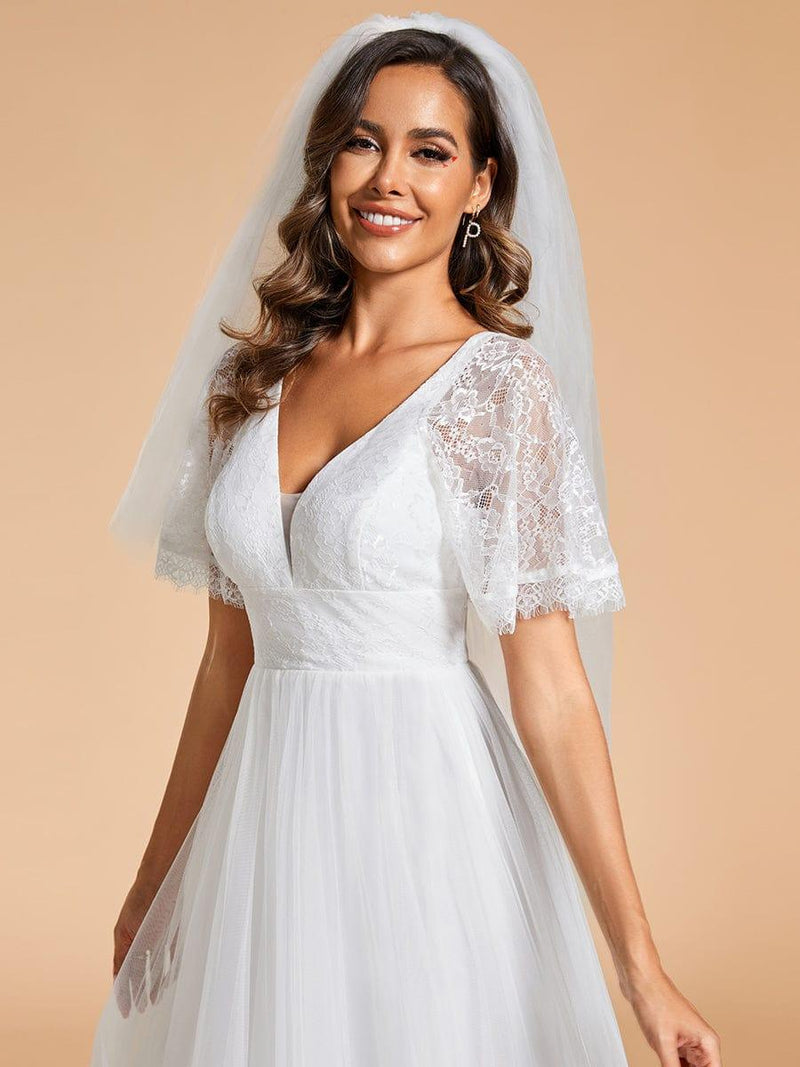 V-Neck Lace Tulle Wedding Dress with Delicate Ruffled Sleeves - Ever ...