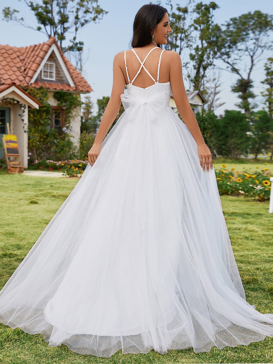 V-Neck Spaghetti Strap A-Line Wedding Dress with Butterfly Bow Back #color_White