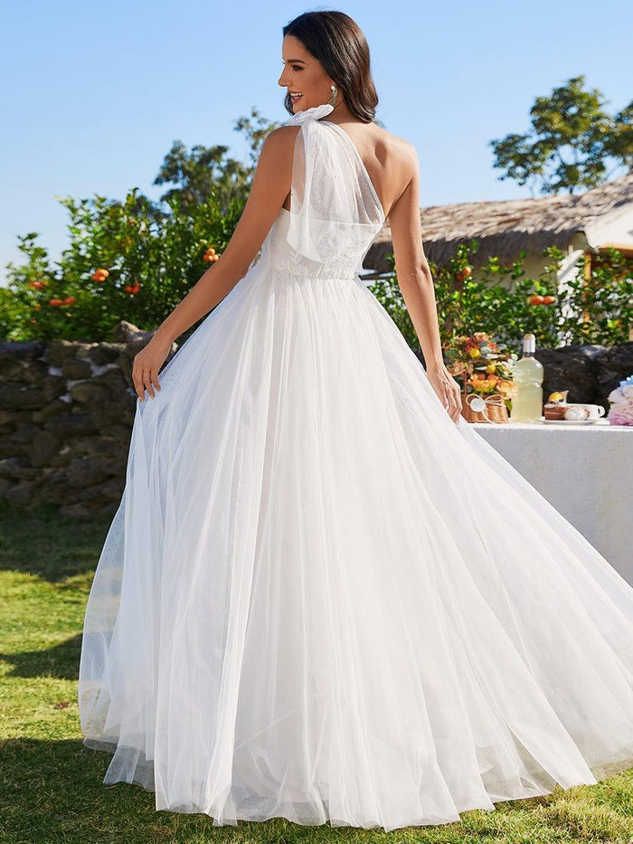 Gorgeous One Shoulder Satin Bodice Contrast Applique Tulle Overlay Wedding Dress