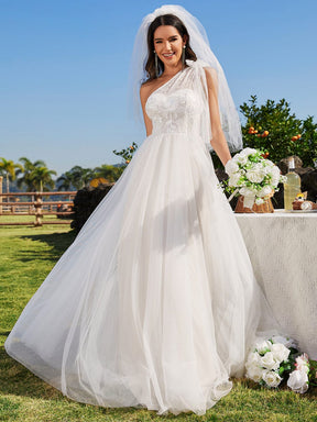 One-Shoulder Tulle Wedding Dresses featuring Applique