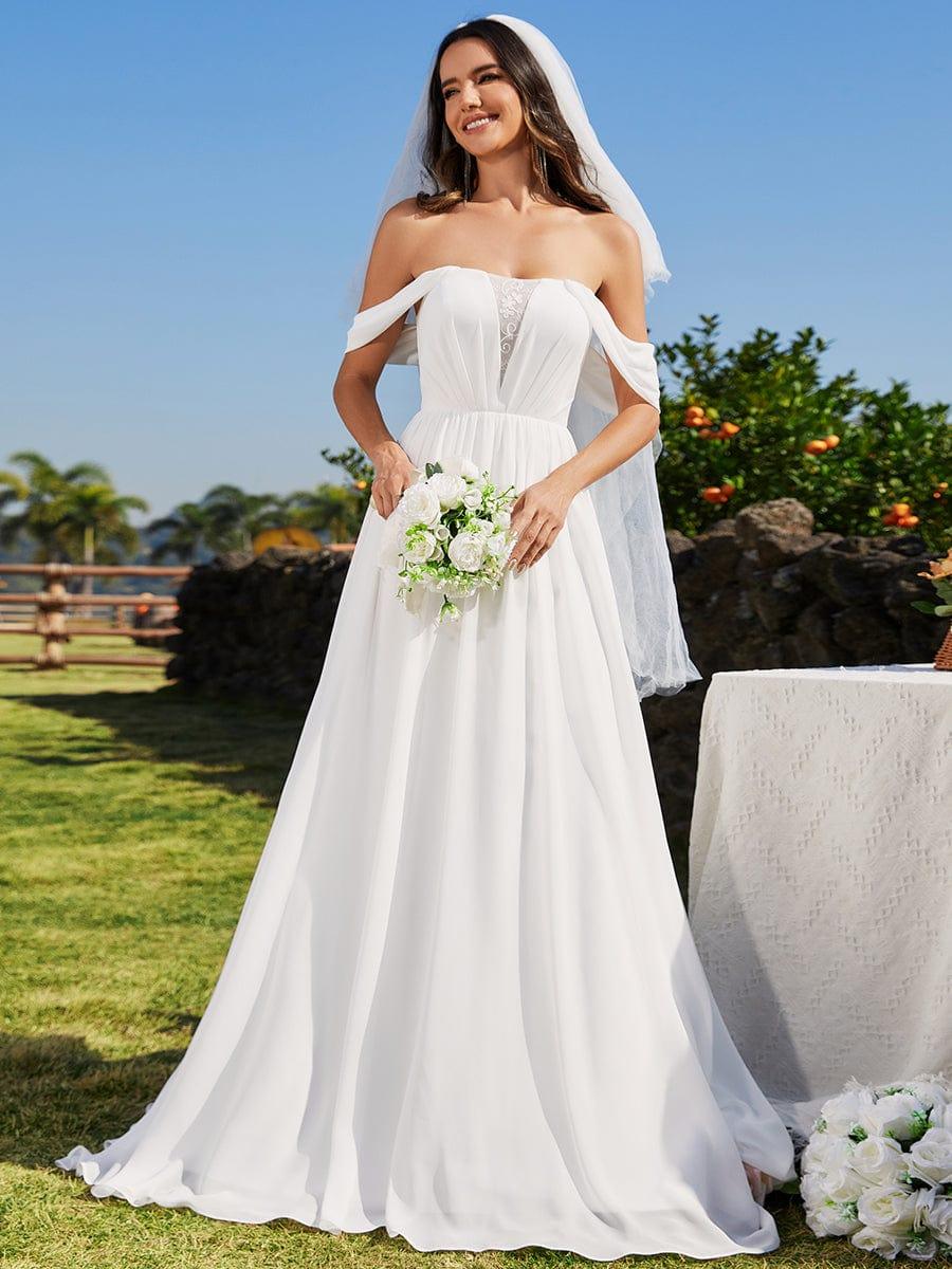 A-Line Chiffon Wedding Dresses featuring Off Shoulder Design #color_White