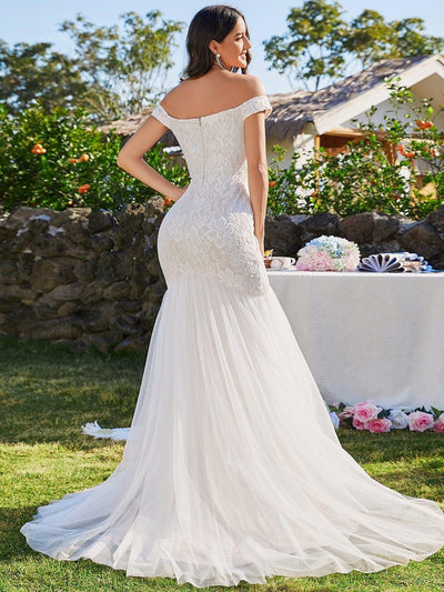 Off Shoulder Lace Mermaid Wedding Dress #color_Ivory